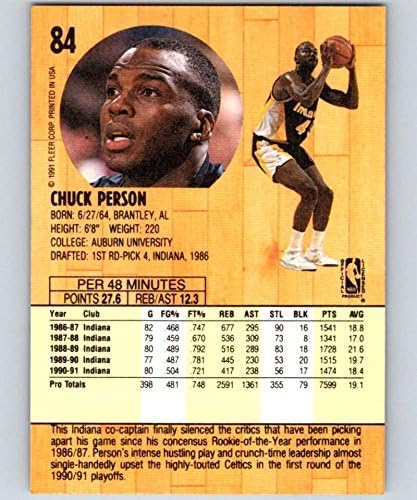 1991-92 Флеер серија 1 кошарка 84 Чак лице Индијана Пејсерс Официјална картичка за трговија во НБА