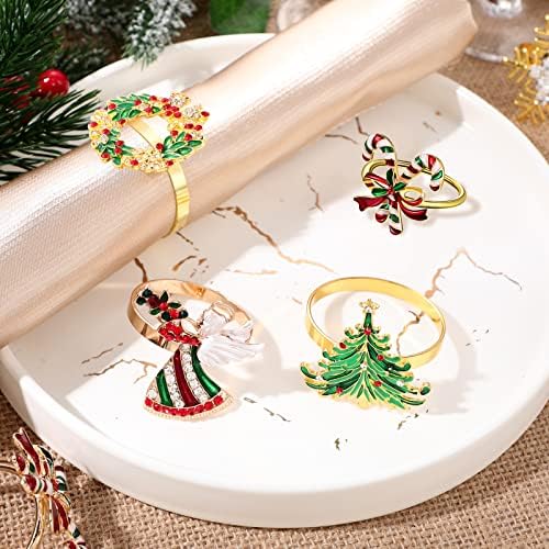 8 парчиња Божиќни салфетки прстени Божиќни држачи на салфетка прстени метални сервисни прстени со снегулка, ирваси, новогодишна елка,
