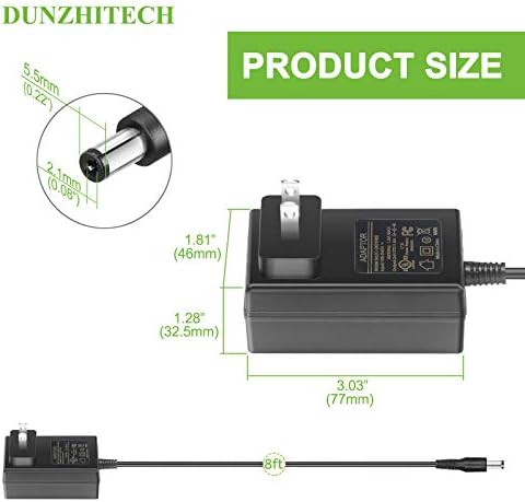 12V 2A Адаптер за напојување на напојување Dunzhitech 8FT кабел 1 пакет 24W UL сертификат 110V AC до DC12V напојување со напојување