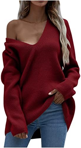 Преголеми џемпери на пуловер за жени секси длабок длабок врат со долга ракав со врвови на џемпери со цврсти џемпери со врвови