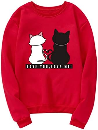 Jflyou unisex мажи жени симпатична мачка печатена цврста долга ракав џемпер пуловер качулка за парови