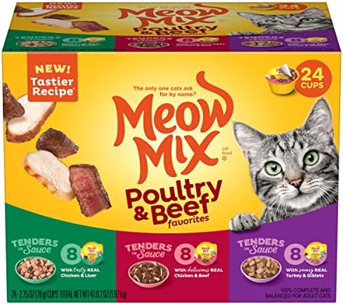 Meow Mix Tender Failites Влажна храна за мачки, живина и говедско разновидно пакување, чаша од 2,75 унца