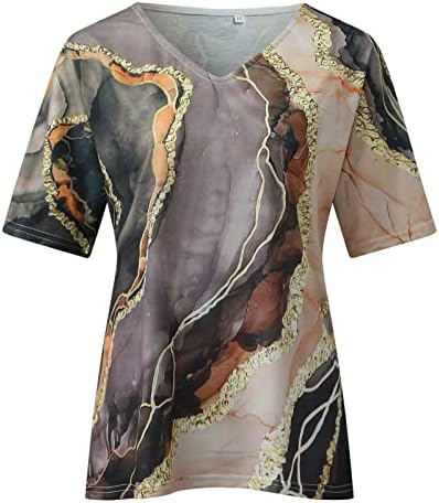 Маички за жени лето есен кратки ракави длабоки v вратот мермерна графичка блуза маица девојки 2023 облека мода 9n 9n