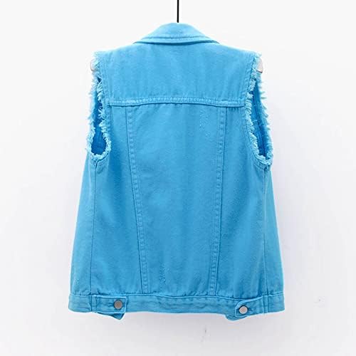 Women'sенски копчиња измиени тексас јакна од тексас Класичен џин елек палто земјоделски култури потресени јакни со џебови од размавта