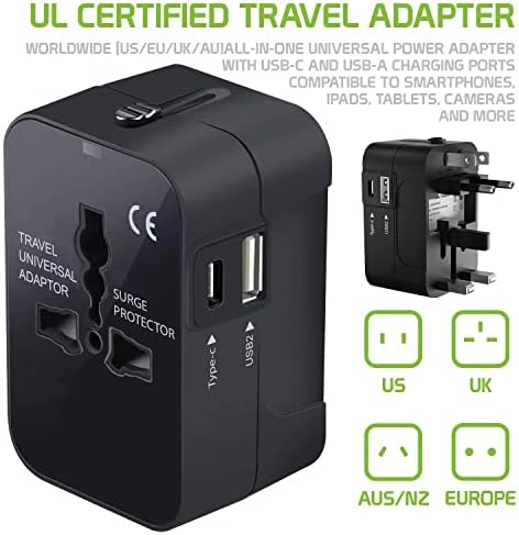 Travel USB Plus Меѓународен адаптер за напојување компатибилен со Acer X960 за светска моќност за 3 уреди USB TypeC, USB-A за патување