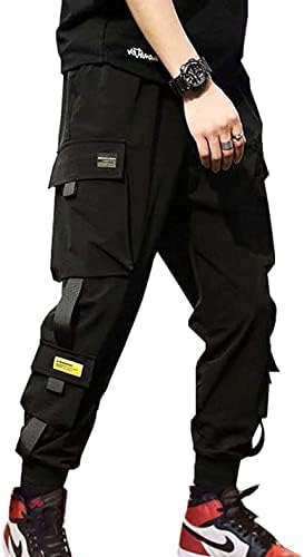 AmbCol Men ogогер панталони улична облека Techwear Hip Hop Haher Harem Pants Тактички патеки со патеки со црна црна-09 медиум