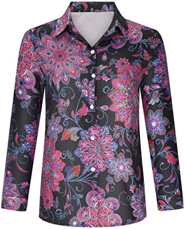 Womenенски желка врат Пајсли цветно графичко копче надолу до салон блуза маичка за девојчиња лето есен 93 93