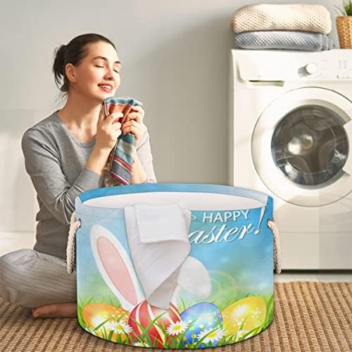 Среќни велигденски јајца и зајаци големи тркалезни корпи за корпи за перење алишта со рачки ќебе корпа за складирање за полици за бања