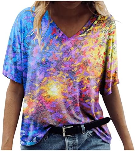 Женски врвови случајни лабави кратки ракави маички летни графички маички против вратот гроздобер печатени блузи преголеми кошули