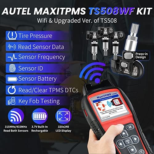 Autel MaxItpms TS508WF комплет TPMS алатка, 2023 најновата алатка за релеен на TPMS со 4PCS 315+433MHz сензори, ажурирани на