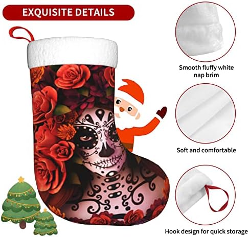 Божиќни чорапи за божиќни чорапи шеќер череп рози Ноќта на вештерките двострани камин што виси чорапи