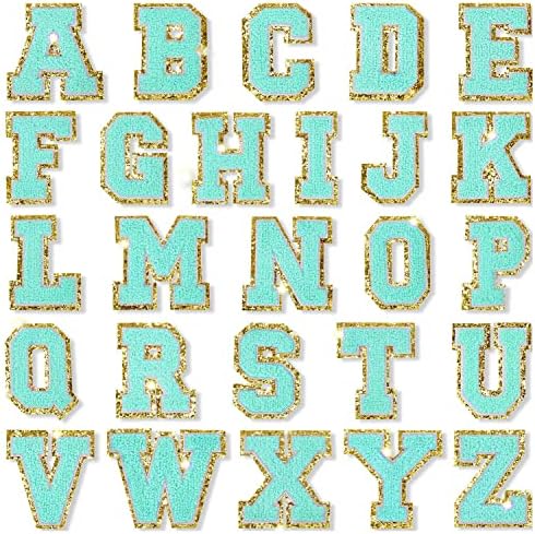 26 парчиња A-Z Glitters Varsity букви закрпи, декоративни апликации за поправка, шијте на везени закрпи, Chenille Iron на букви за