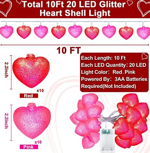 Декорации за сјајни светла на Денот на в Valentубените на в Valentубените, декорации за срцеви светла, 10 ft 20 LED 3D црвени розови срца Стринг