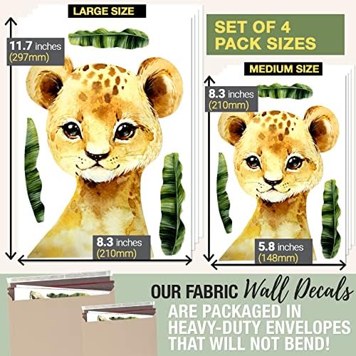 Safari wallидни решенија, ткаенина Бохо Бебе Акварел животински wallидови налепници, сензорни допир во Монтесори, расадник декор сет од 4, лав,