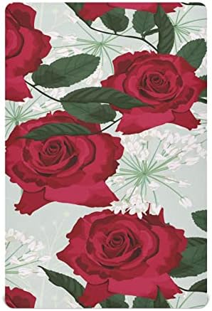 Алаза црвена роза цвет бели билки цветни чаршафи за креветчиња опремени со басинет лист за момчиња бебе девојчиња дете, стандардна големина 52