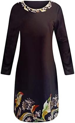 Долги зимски фустани за жени 2022 година, ретро печатење O-вратот со долг ракав во стил на лежење на облеки