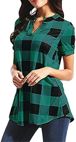 Andongnywell женски обичен краток ракав со кратки ракави карирани тунични маички карирани печатени V вратот пулвер блузи врвови
