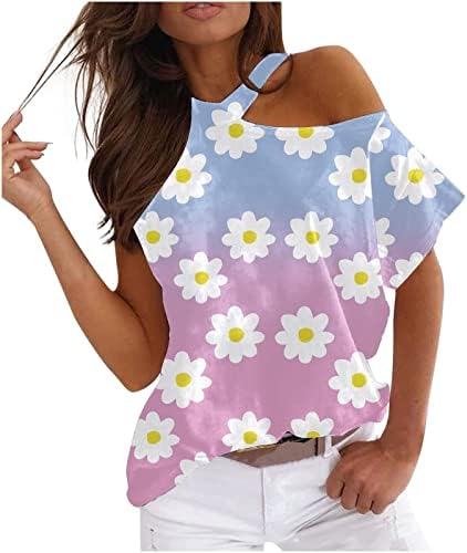 Овермални жени летни модни кратки ракави надвор од рамо-рамо за растојание за контраст на бојата за печатење во боја