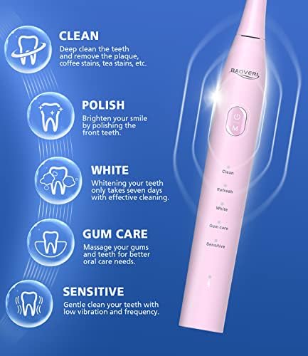 Baoveri Sonic електрична четка за заби, меки четки за заби за возрасни и деца со 6 глави за четки, употреба со една полнење за 60 дена,