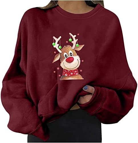 Преголеми Божиќни Врвови За Жени Симпатични Ирваси Печатење Секојдневен Лабав Пуловер На Екипажот Со Долги Ракави Џемпери Дуксери