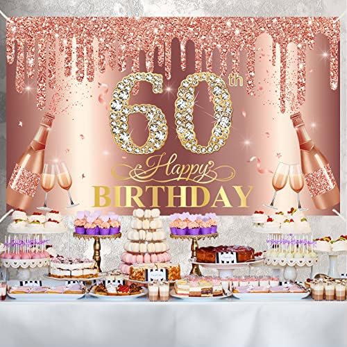 Розово злато 60 -ти роденденски банер декорација за жени, розово розово злато среќен 60 -ти роденденски знак за забава за забава,