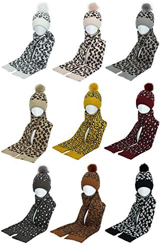 Womenените зимска плетена шамија сет леопард beanie hat вратот потопло ски -капа