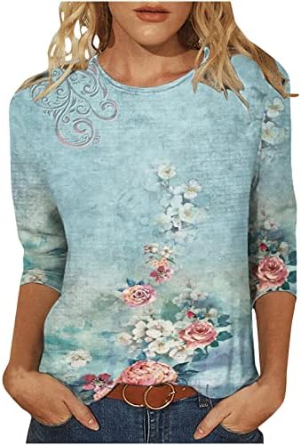 Средна должина 3/4 ракави врвови за жени шарени кошули со цветни печатење, екипаж, обични блузи за 2023 година летна пролет