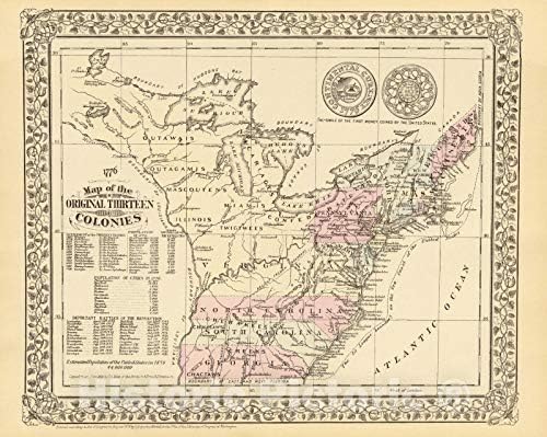 Историска мапа - Карта на оригиналните тринаесет колонии, 1879 година, Самуел Август Мичел rуниор V1 52in x 44in