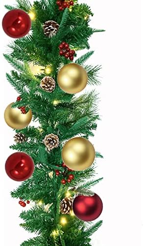 Божиќна Венец-Надворешни Украси 9ft Prelit Гарланд СО Сребрен Боров Конус Црвени Бери Божиќни Топчиња Светла Со Батерии За Божиќна Обвивка