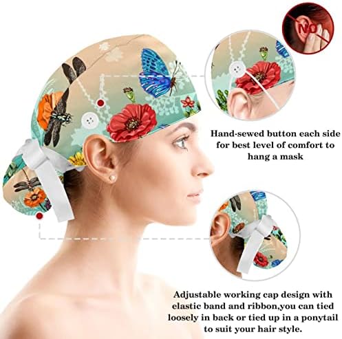 Шарена модна череп пеперутка Работна капа со копчиња ， прилагодливо хируршко капаче за чистење со ласкава коса