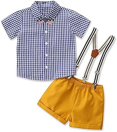 Детето момче летно облека со кратки ракави кошула + панталони за суспензија + лак вратоврска 4 парчиња момчиња облека за дете момче кратки облеки