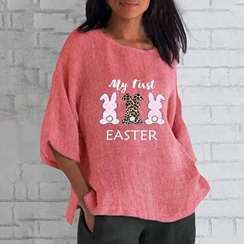 Women'sенски 3/4 ракав Велигденска маица Симпатична зајак јајца графичко писмо печати лабава блуза екипаж на екипажот, обични врвови на пулвер