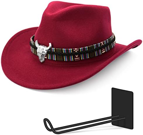Каубојски капа, жени Вестер-1/4, почувствувајќи широка капа на отворено сончево капаче со жица и решетка за капа за жени темно црвена боја