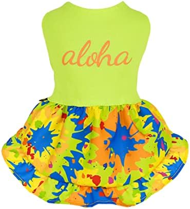 ФИТРАРМ ДОГ Хавајски фустан, летна облека за кучиња за мали кучиња девојче, облека за миленичиња плажа Луау, костум за мачки, неонски жолти, големи