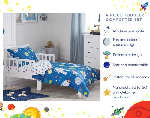 Мил Блумсбери - 4 парчиња Комфорни за мали деца - Надворешен простор, Ракета и Планета - Сина - сет за постелнина за деца