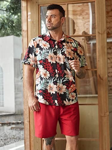 Фиокса облека со две парчиња за мажи мажи случајна тропска кошула за печатење и шорцеви за половината за влечење