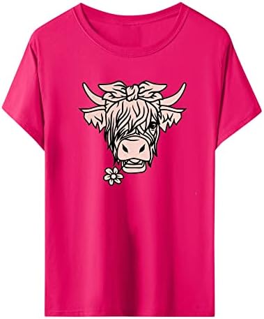 Tee долг ракав женски женски обичен маица со кратки ракави со кратки ракави Основни летни врвови лабава чиста крава печатена плус големина