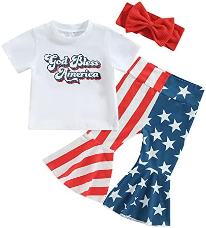 Детето бебе девојче 4 -ти јули Облека Печати кошула со краток ракав, највисоки панталони со одблесоци на знамето 2 парчиња летна облека