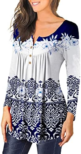 Хенли Туника врвови за жени фустани обични маици со долги ракави плетени маички слатки трендовски проточни блузи за хеланки
