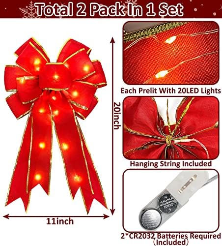 2 Пакет Прелит Божиќни Лакови Украси со 20 Топли Светла Батерија Управувана 11 х 20 Голема Златна Жична Раб Лента Божиќна Елка Венец Венец