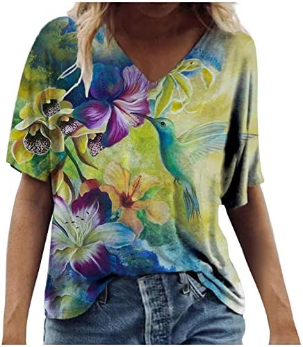 Плус врвови за големина за жени, женски кратки ракави против маички со вратот врвови летни маици обични лабави маици