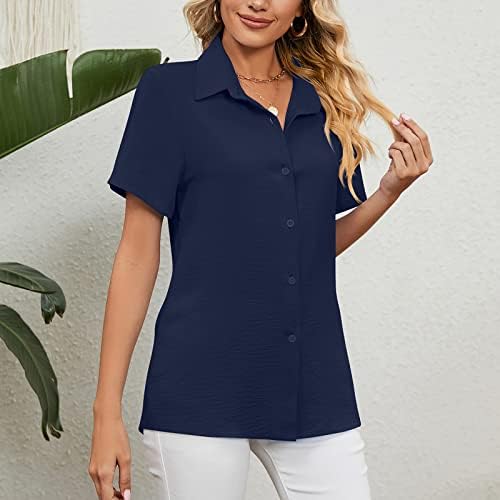 Uteенски копче надолу по летните кратки ракави кошули со облекување на облеката случајна лабава блуза мода солиден удобен врв