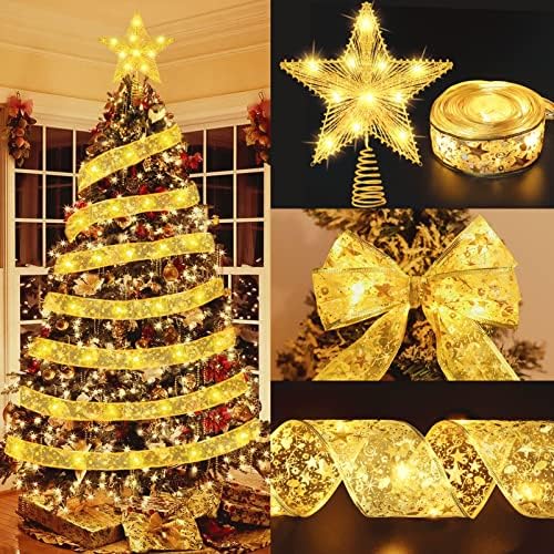 Злато Божиќ Украси Дрво Врвот Во Собата, Божиќ Лента светла &засилувач; 12 Инчен Блескав Осветлени Божиќ Ѕвезда Дрво Врвот За Новогодишна