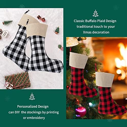 Индом Божиќни чорапи, 4 парчиња 16 инчи црвена и црна бивол Проверете карирана со Burlap Codrings Класично големо персонализиран порибување