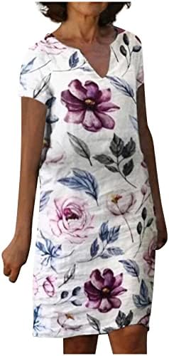 Wpoumv летен постелнина фустан за жени цветни печати краток ракав против вратот во смена на вратот трендовски обичен фустан од плажа миди