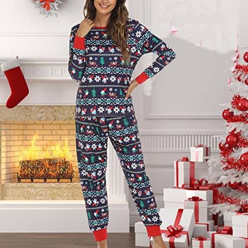 Womenените Божиќно печатење пижама постави долги ракави на вратот и панталони за ноќна облека мода домашна облека за зимска облека за