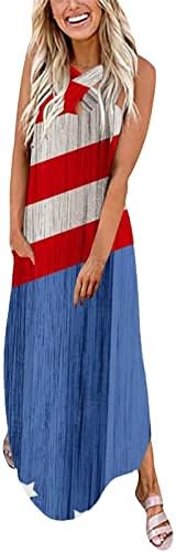 Денот на независноста фустани за жени вкрстени ленти без ракави со знаме на американско знаме Макси фустан Сплит летен летен плажа Sundress