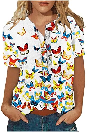 Жените Блузи Лето Трендовски Цветни Шема Копче Надолу Кошули Плус Големина V-Вратот Краток Ракав Блуза Удобен Фустан Маици