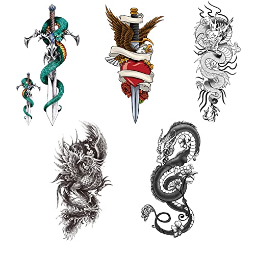 5 Листови Змија Змеј Цвет Водоотпорен Привремени Тетоважи Мали Шарени Животински Цветни Тело Уметност Реални Трајни Тетоважи Налепници
