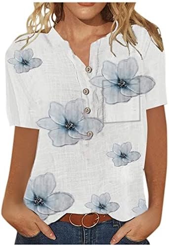 Кошули за фустани на Nokmopo женски случајни модни памучни постелнини печатени кратки ракави кошула женски летни врвови